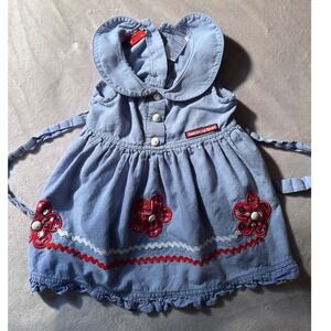 American Baby Girls Blue Cotton Chambray Floral Applique Vintage dress 12m